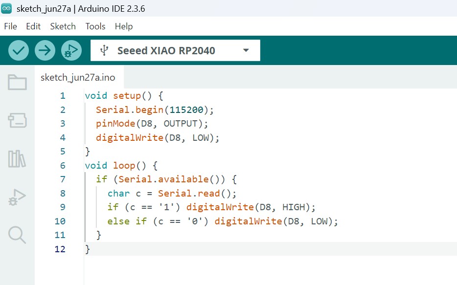 Arduino IDE showing the sketch uploaded to XIAO RP2040